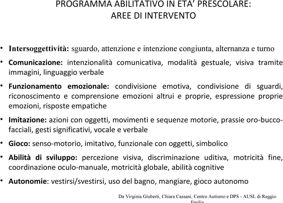 proprie emozioni, risposte empatiche Imitazione: azioni con oggetti, movimenti e sequenze motorie, prassie oro-buccofacciali, gesti significativi, vocale e verbale Gioco: senso-motorio, imitativo,