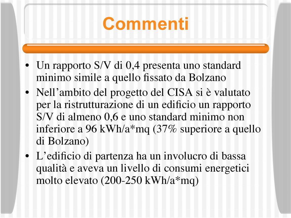 almeno 0,6 e uno standard minimo non inferiore a 96 kwh/a*mq (37% superiore a quello di Bolzano) L