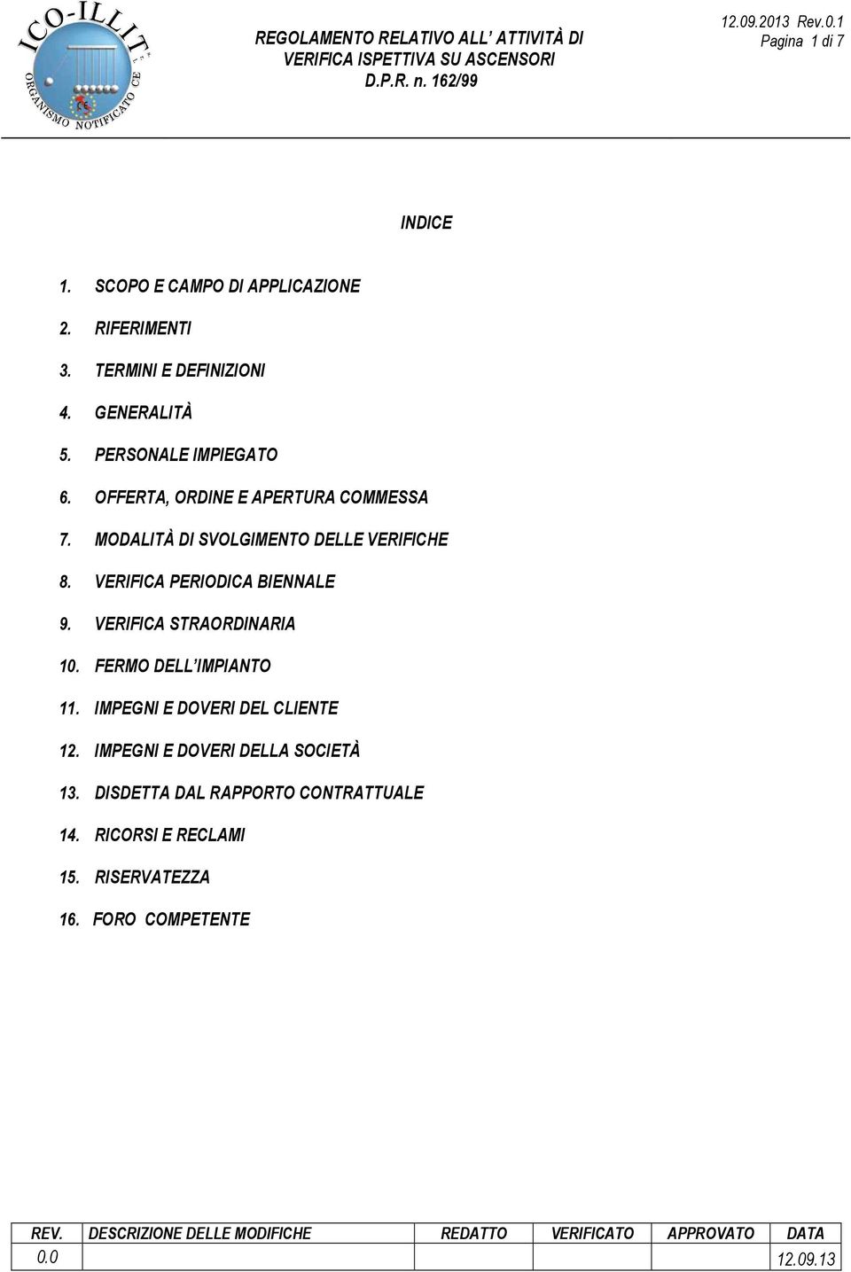 VERIFICA STRAORDINARIA 10. FERMO DELL IMPIANTO 11. IMPEGNI E DOVERI DEL CLIENTE 12. IMPEGNI E DOVERI DELLA SOCIETÀ 13.