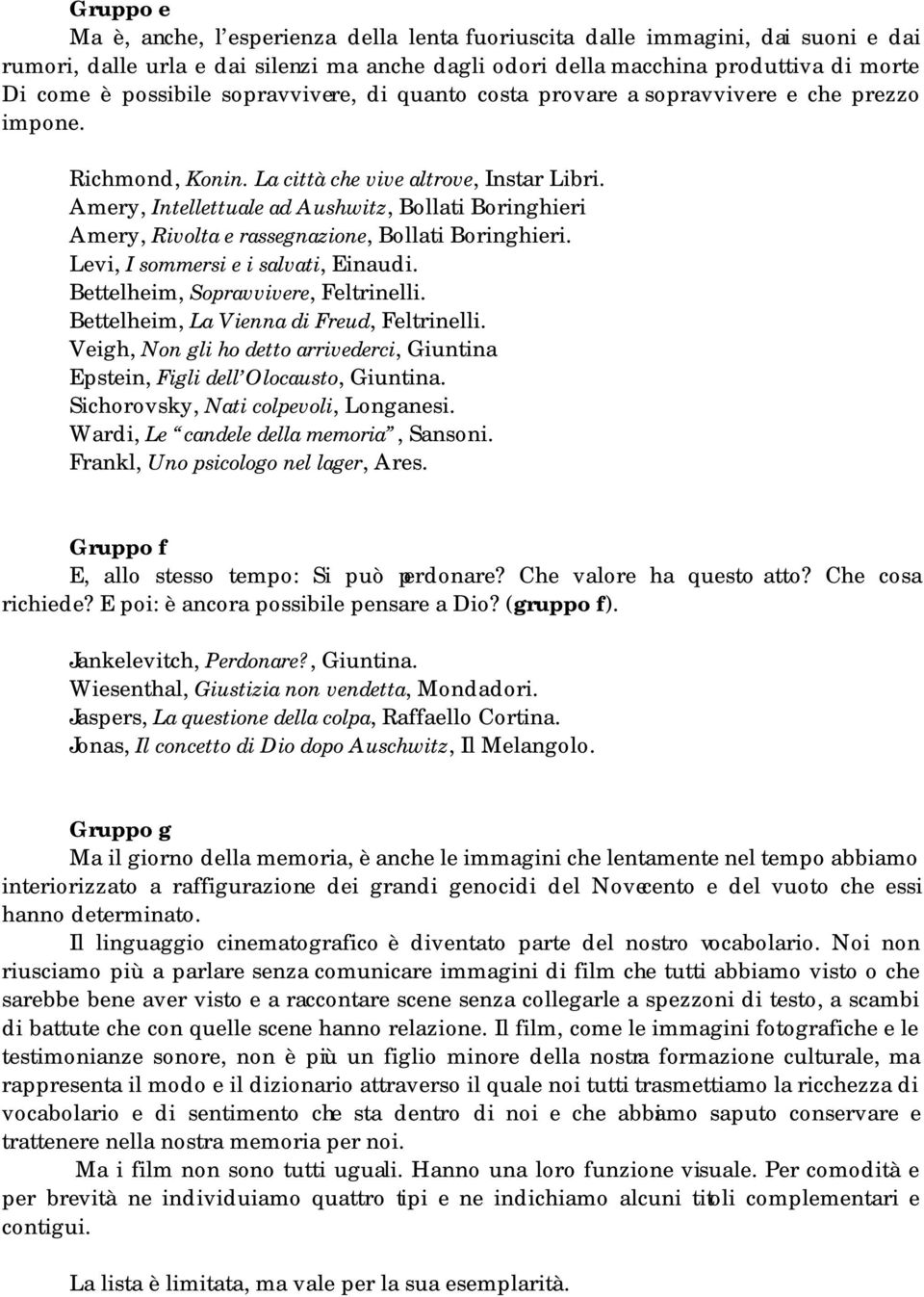 Amery, Intellettuale ad Aushwitz, Bollati Boringhieri Amery, Rivolta e rassegnazione, Bollati Boringhieri. Levi, I sommersi e i salvati, Einaudi. Bettelheim, Sopravvivere, Feltrinelli.