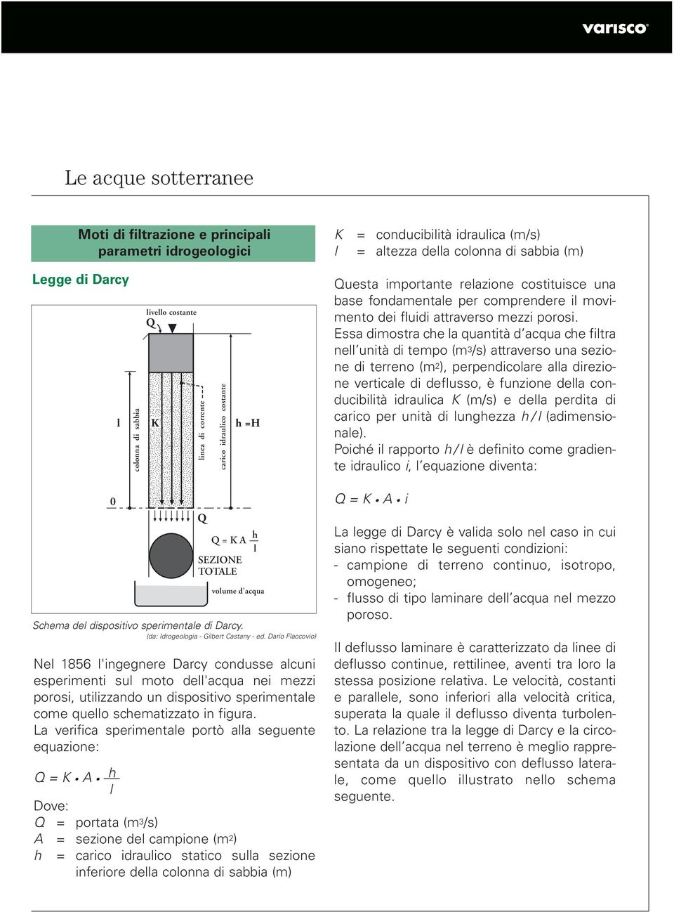 La verifica sperimentale portò alla seguente equazione: Q = K A h l Dove: Q = portata (m 3 /s) A = sezione del campione (m 2 ) h = carico idraulico statico sulla sezione inferiore della colonna di