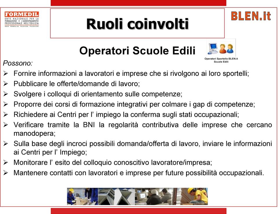 occupazionali; Verificare tramite la BNI la regolarità contributiva delle imprese che cercano manodopera; Sulla base degli incroci possibili domanda/offerta di lavoro, inviare le