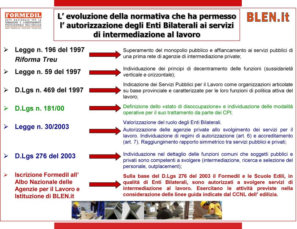 it Superamento del monopolio pubblico e affiancamento ai servizi pubblici di una prima rete di agenzie di intermediazione private; Individuazione dei principi di decentramento delle funzioni