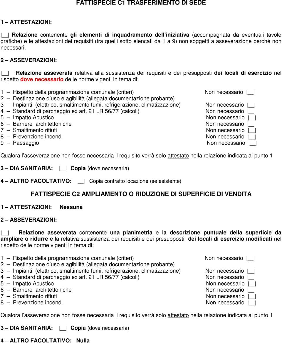 2 ASSEVERAZIONI: Relazione asseverata relativa alla sussistenza dei requisiti e dei presupposti dei locali di esercizio nel rispetto dove necessario delle norme vigenti in tema di: 1 Rispetto della