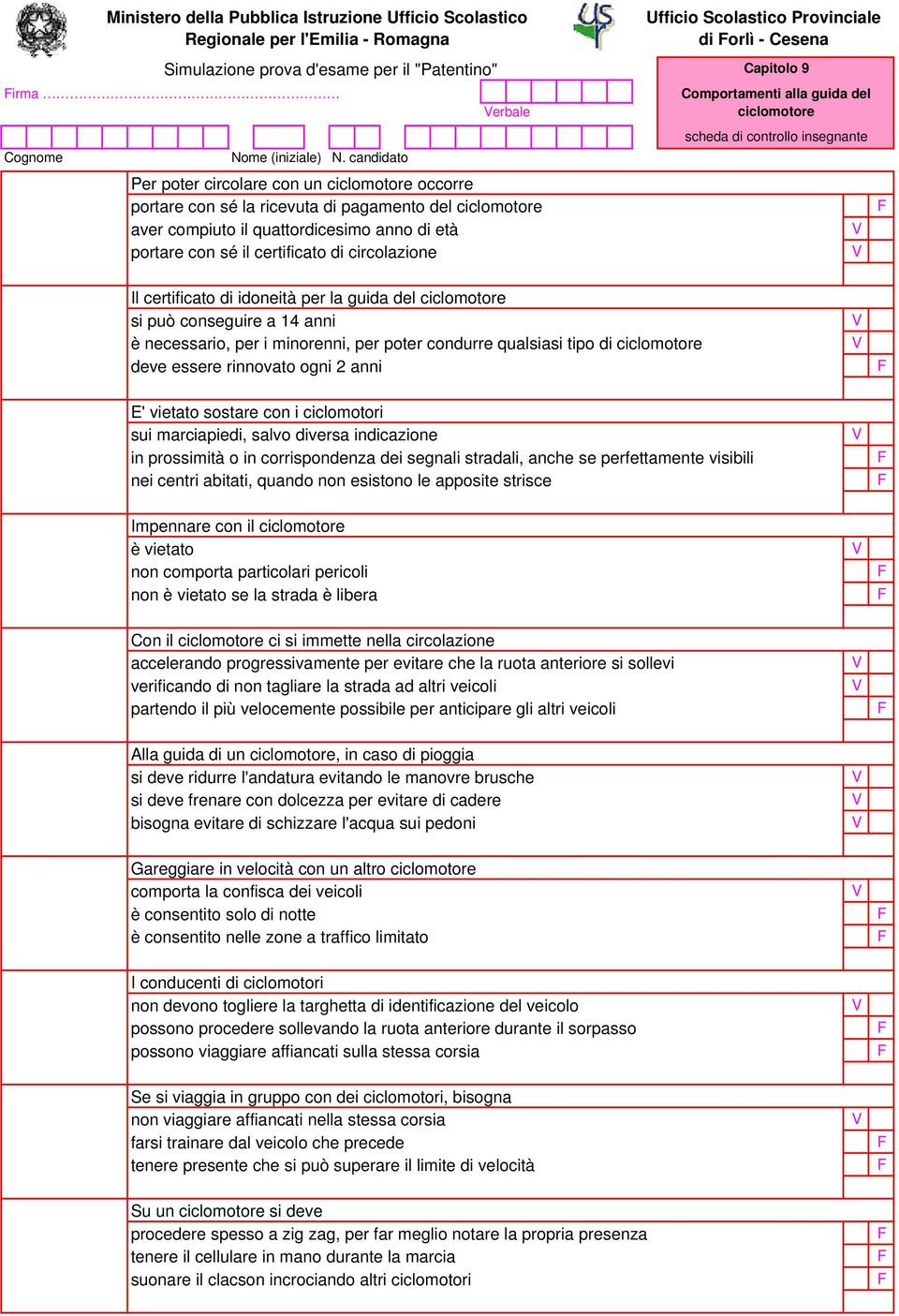 circolazione di orlì - Cesena Capitolo 9 Comportamenti alla guida del ciclomotore scheda di controllo insegnante Il certificato di idoneità per la guida del ciclomotore si può conseguire a 14 anni è