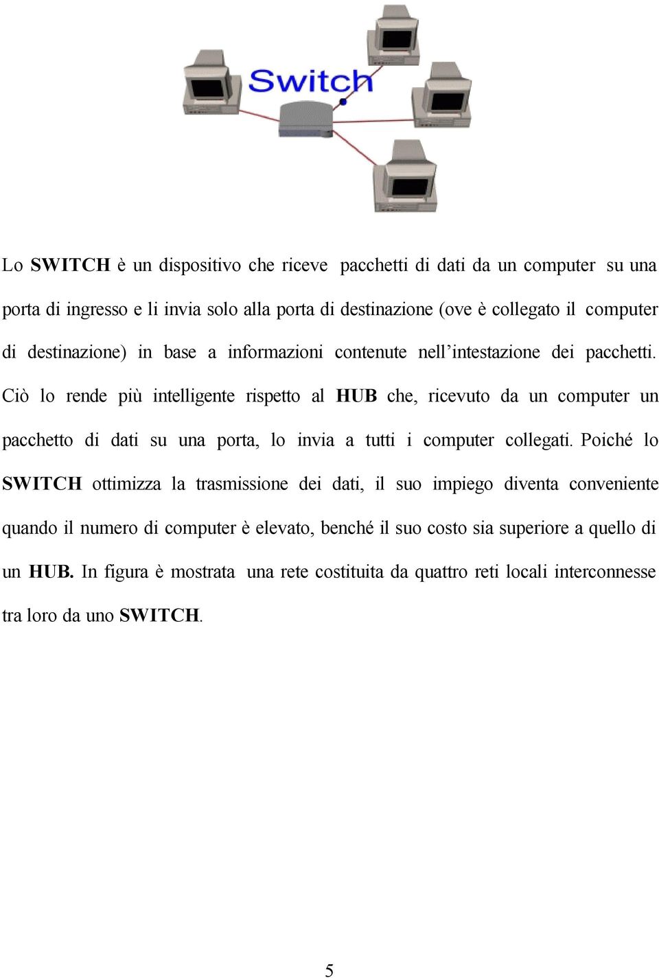 Ciò lo rende più intelligente rispetto al HUB che, ricevuto da un computer un pacchetto di dati su una porta, lo invia a tutti i computer collegati.