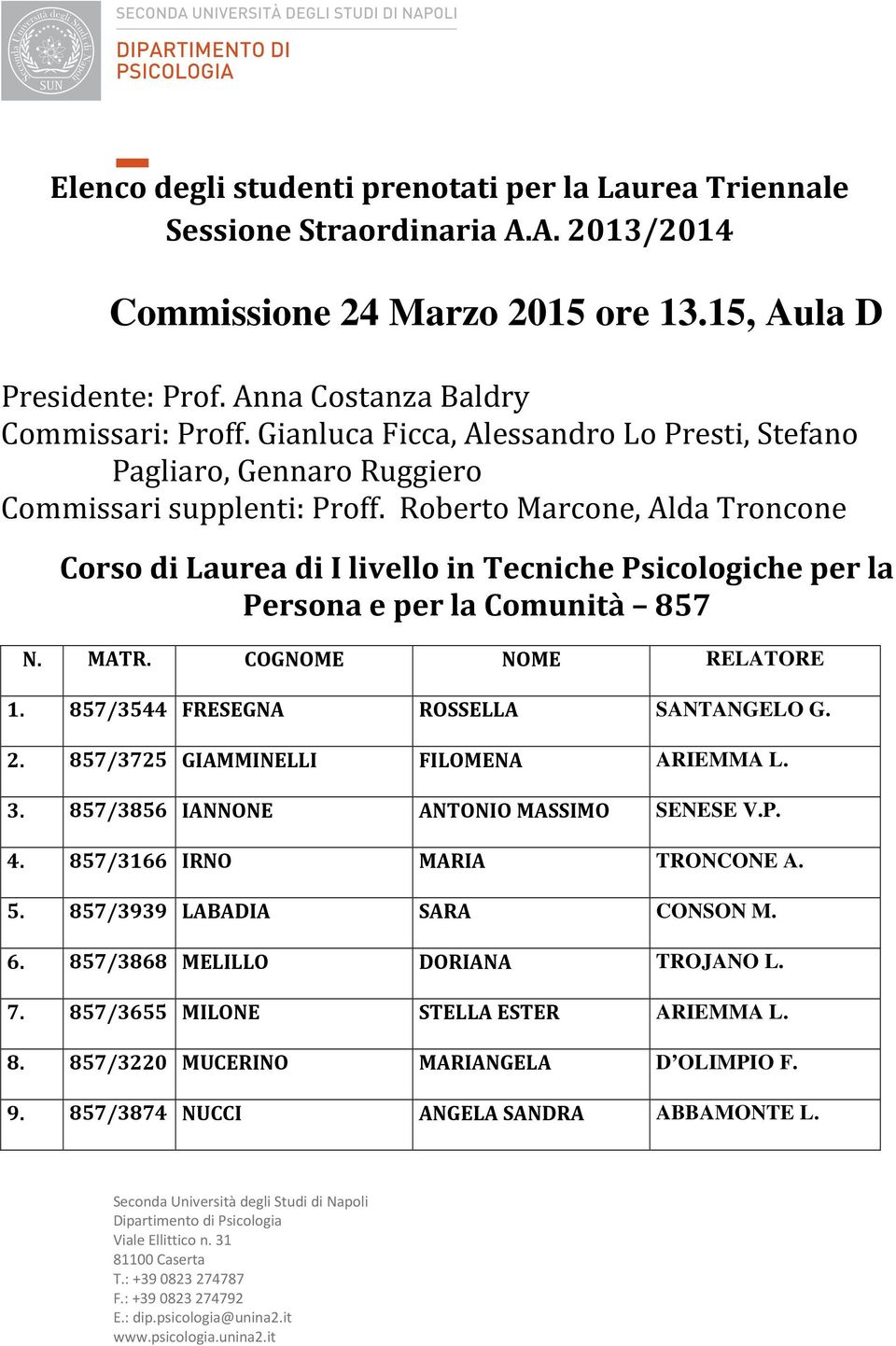 Roberto Marcone, Alda Troncone Corso di Laurea di I livello in Tecniche Psicologiche per la Persona e per la Comunità 857 N. MATR. COGNOME NOME RELATORE 1. 857/3544 FRESEGNA ROSSELLA SANTANGELO G. 2.