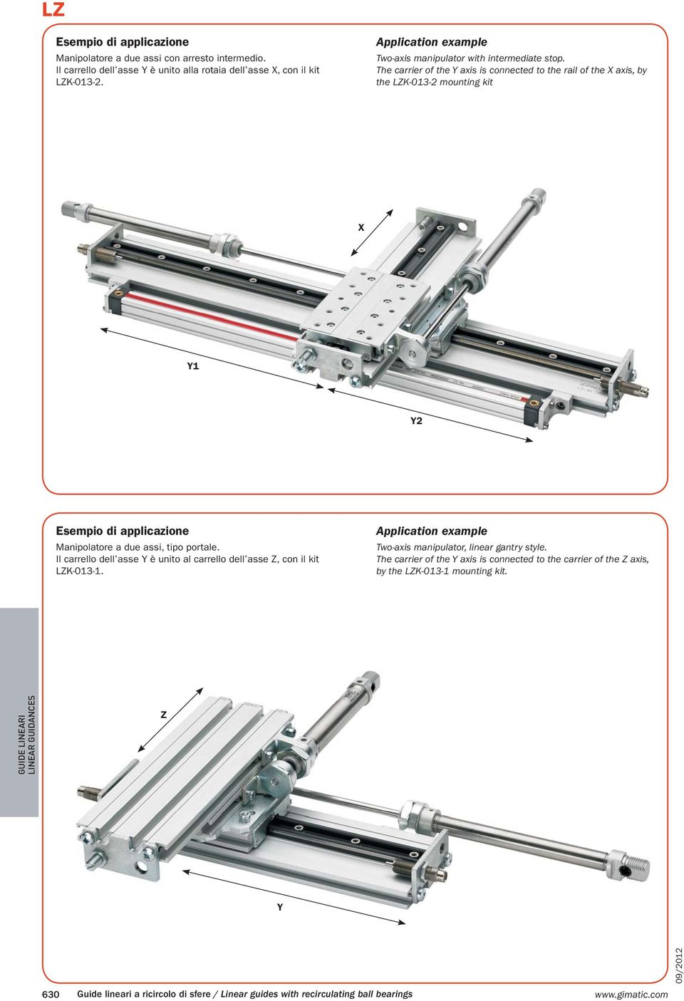 The carrier of the Y axis is connected to the rail of the X axis, by the LZK-013-2 mounting kit X Y1 Y2 Esempio di applicazione Manipolatore a due assi, tipo portale.