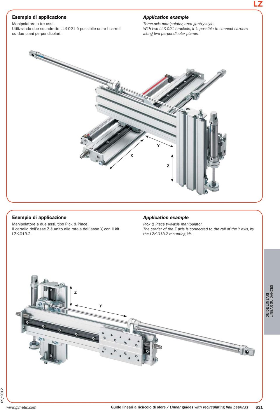 Y X Z Esempio di applicazione Manipolatore a due assi, tipo Pick & Place. Il carrello dell asse Z è unito alla rotaia dell asse Y, con il kit LZK-013-2.