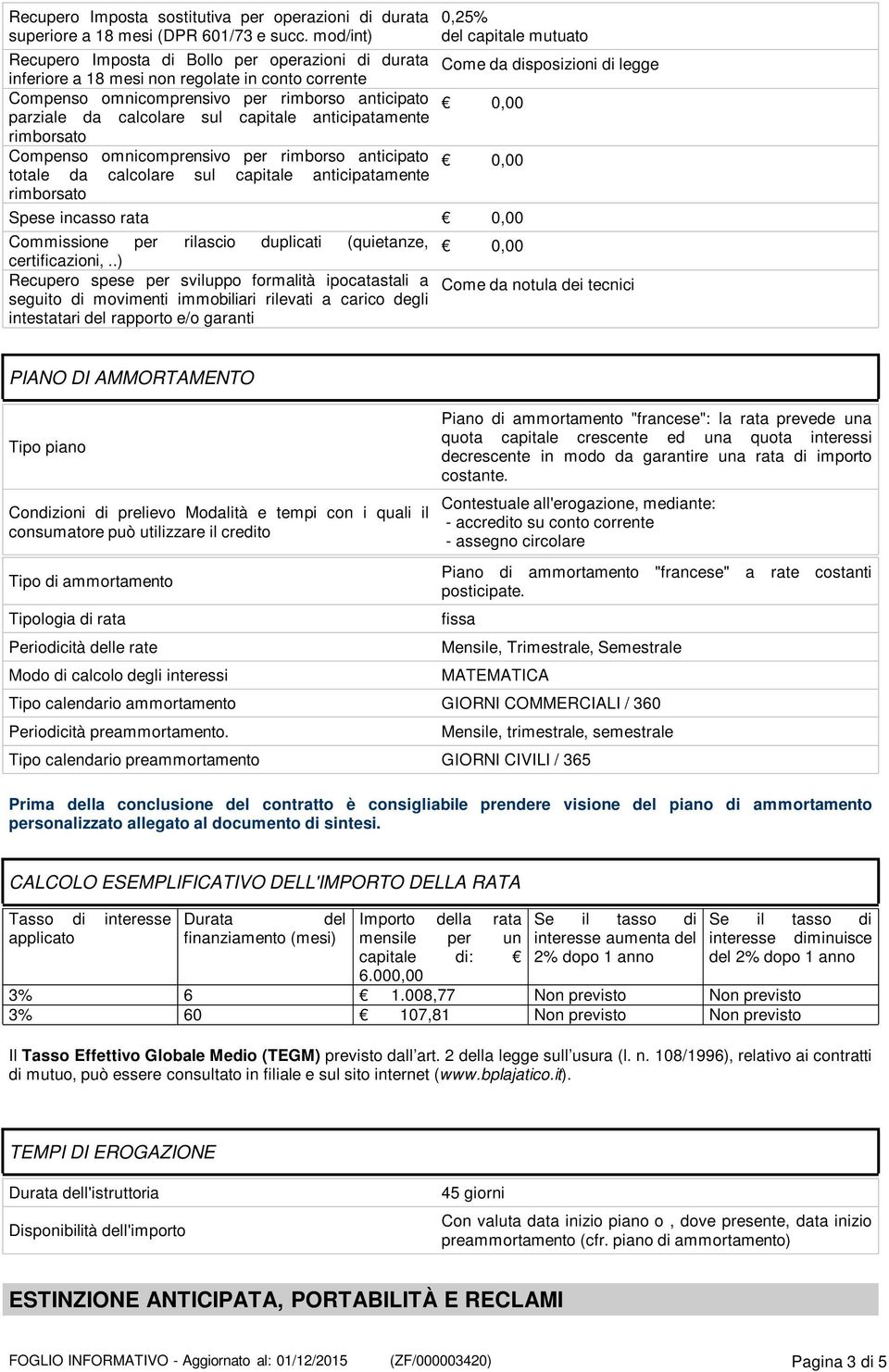 rimborso anticipato parziale da calcolare sul capitale anticipatamente 0,00 rimborsato Compenso omnicomprensivo per rimborso anticipato totale da calcolare sul capitale anticipatamente rimborsato