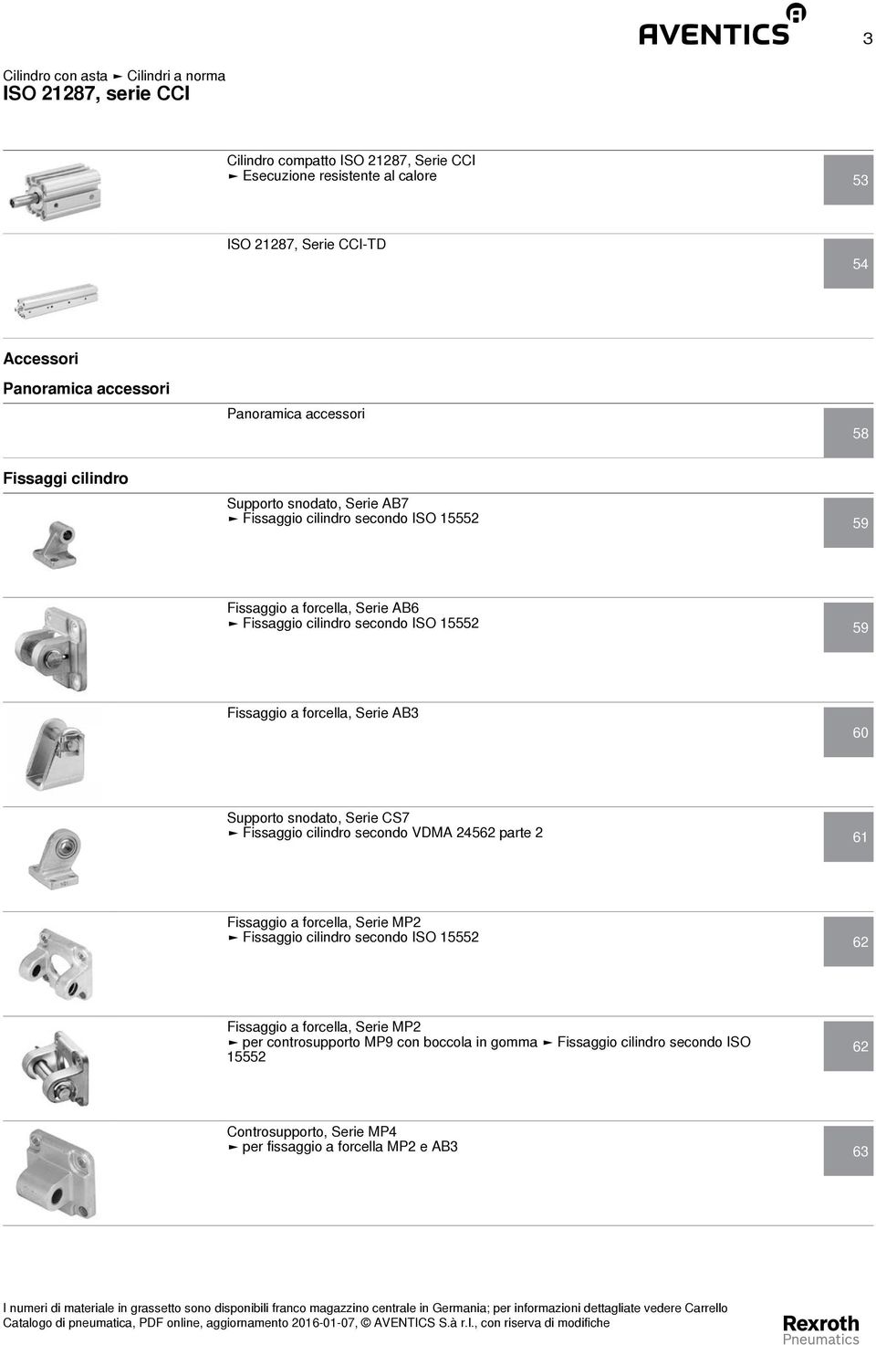 Serie AB3 60 Supporto snodato, Serie CS7 Fissaggio cilindro secondo VDMA 24562 parte 2 61 Fissaggio a forcella, Serie MP2 Fissaggio cilindro secondo ISO 15552 62