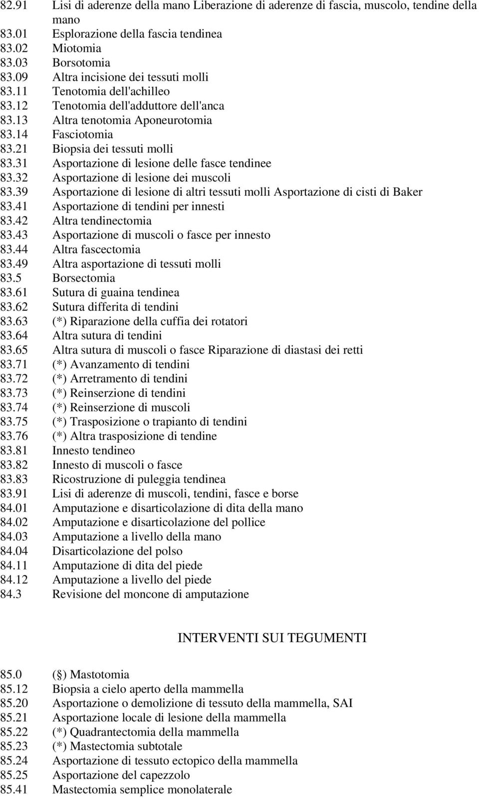 31 Asportazione di lesione delle fasce tendinee 83.32 Asportazione di lesione dei muscoli 83.39 Asportazione di lesione di altri tessuti molli Asportazione di cisti di Baker 83.