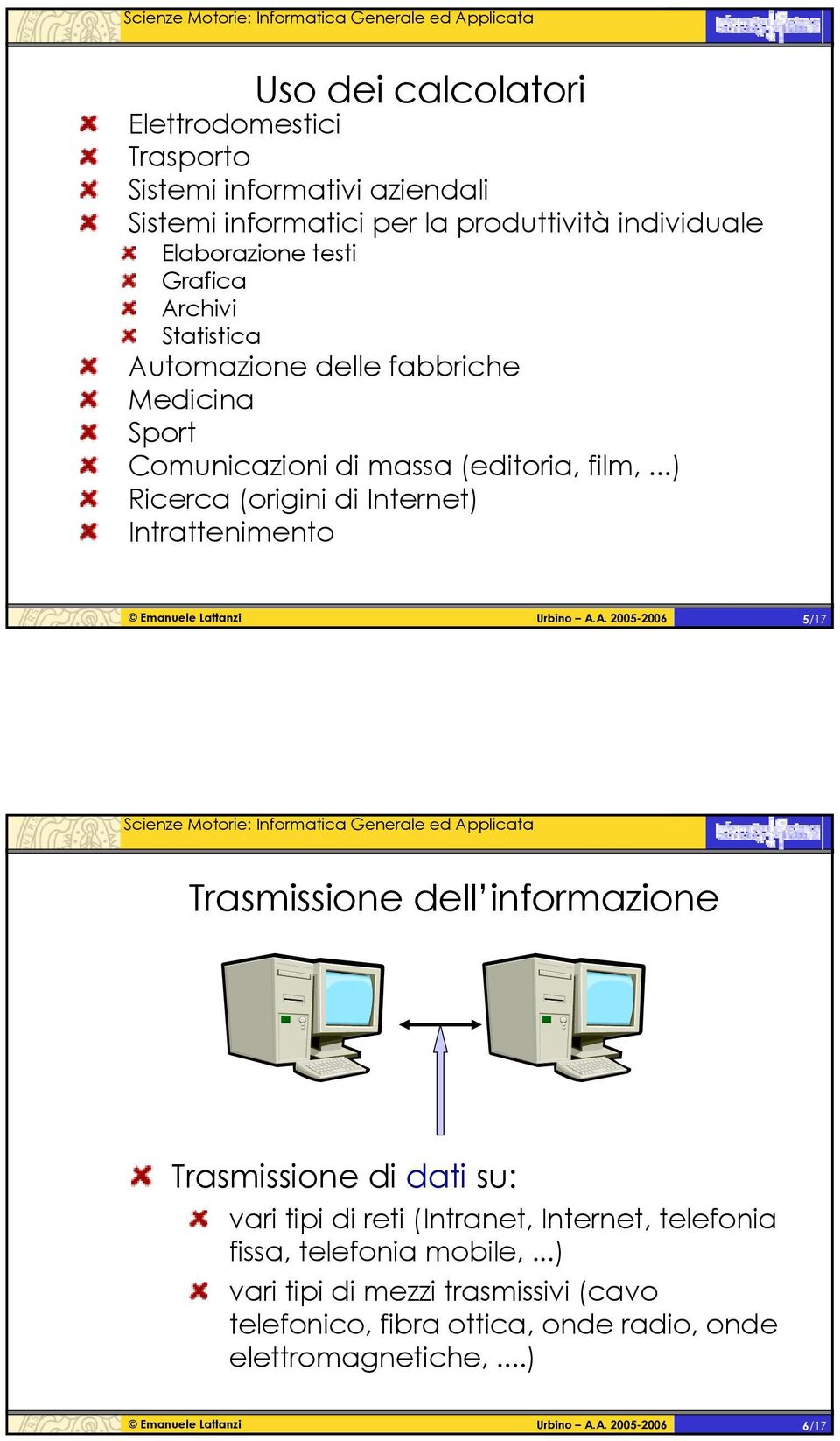 ..) Ricerca (origini di Internet) Intrattenimento 5/17 Trasmissione dell informazione Trasmissione di dati su: vari tipi di reti