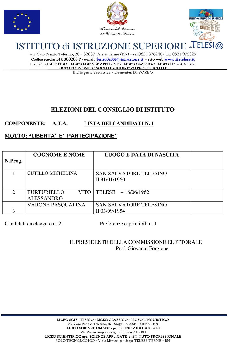 I MOTTO: LIBERTA E PARTECIPAZIONE 1 CUTILLO MICHELINA SAN SALVATORE TELESINO Il 1/01/1960 2