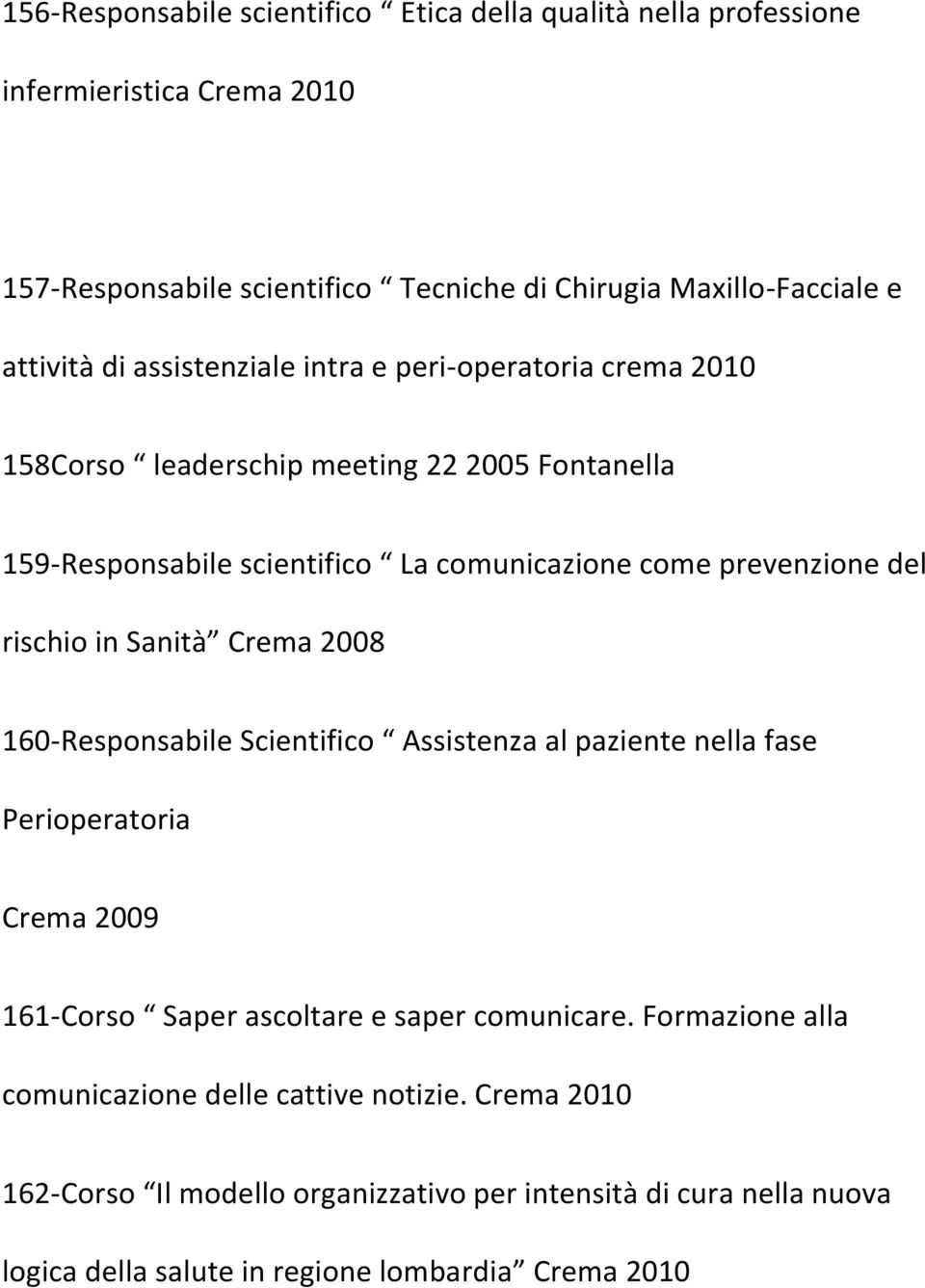 rischio in Sanità Crema 2008 160-Responsabile Scientifico Assistenza al paziente nella fase Perioperatoria Crema 2009 161-Corso Saper ascoltare e saper comunicare.