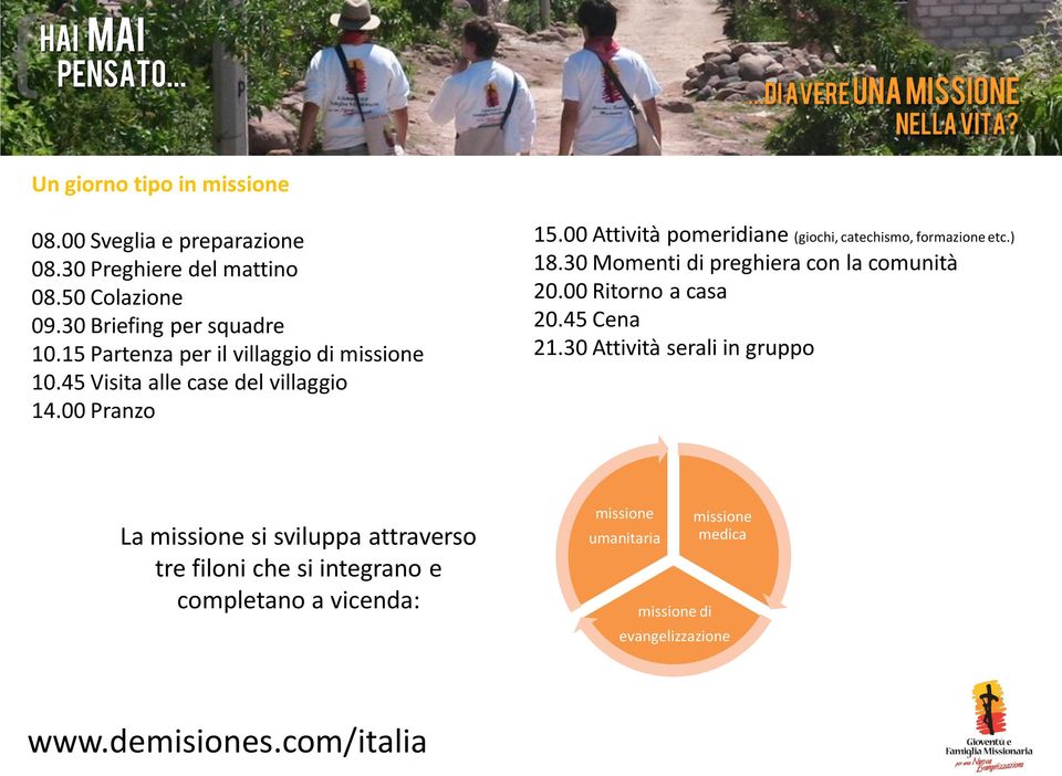 00 Attività pomeridiane (giochi, catechismo, formazione etc.) 18.30 Momenti di preghiera con la comunità 20.00 Ritorno a casa 20.