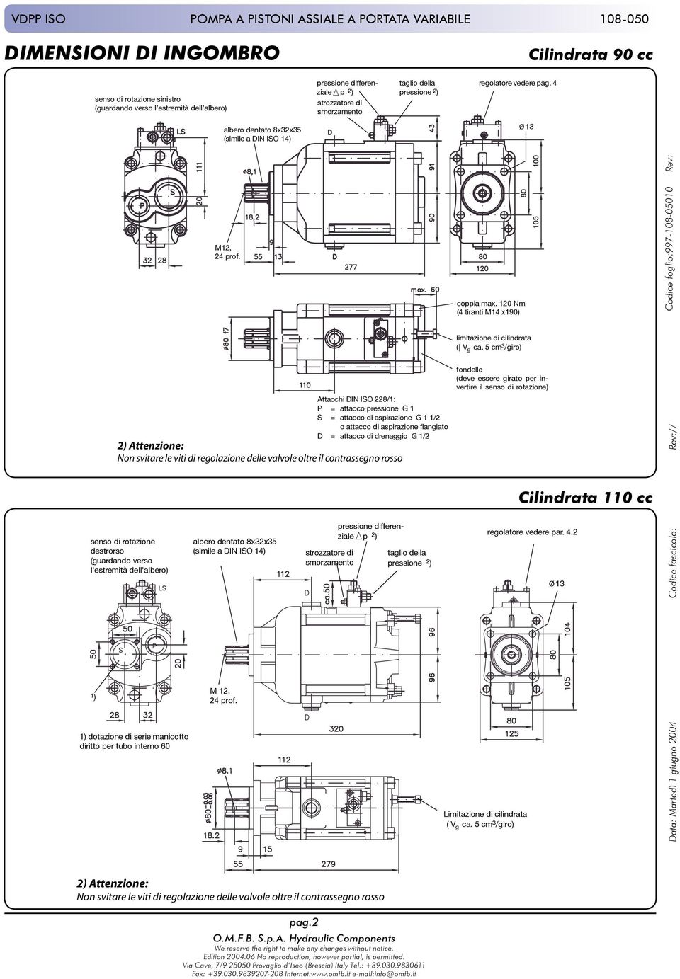 Attacchi DIN ISO 228/1: P = attacco pressione G 1 S = attacco di aspirazione G 1 1/2 o attacco di aspirazione flangiato D = attacco di drenaggio G 1/2 senso di rotazione destrorso (guardando verso