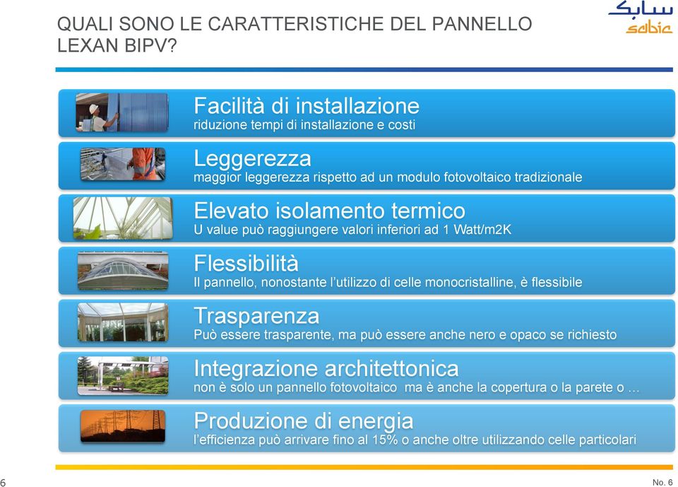 termico U value può raggiungere valori inferiori ad 1 Watt/m2K Flessibilità Il pannello, nonostante l utilizzo di celle monocristalline, è flessibile Trasparenza Può