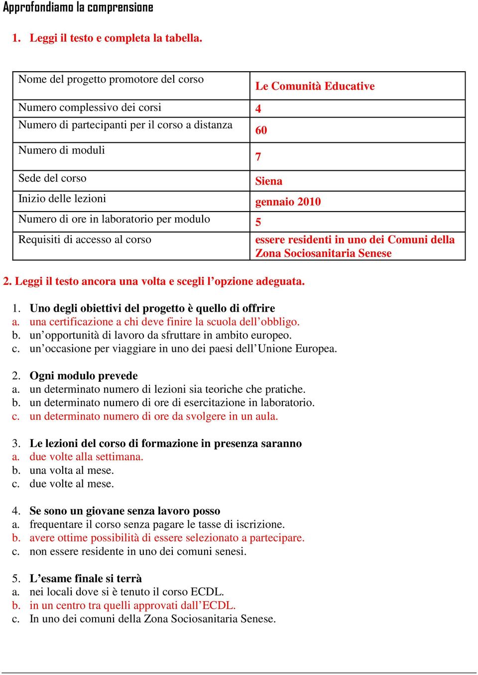 lezioni gennaio 2010 Numero di ore in laboratorio per modulo 5 Requisiti di accesso al corso essere residenti in uno dei Comuni della Zona Sociosanitaria Senese 2.