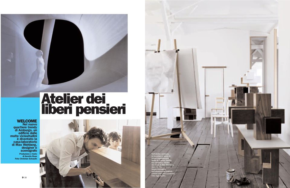 Nell atelier, scrivania in truciolare e piano in rovere impiallacciato. Sedia di Charles Eames.