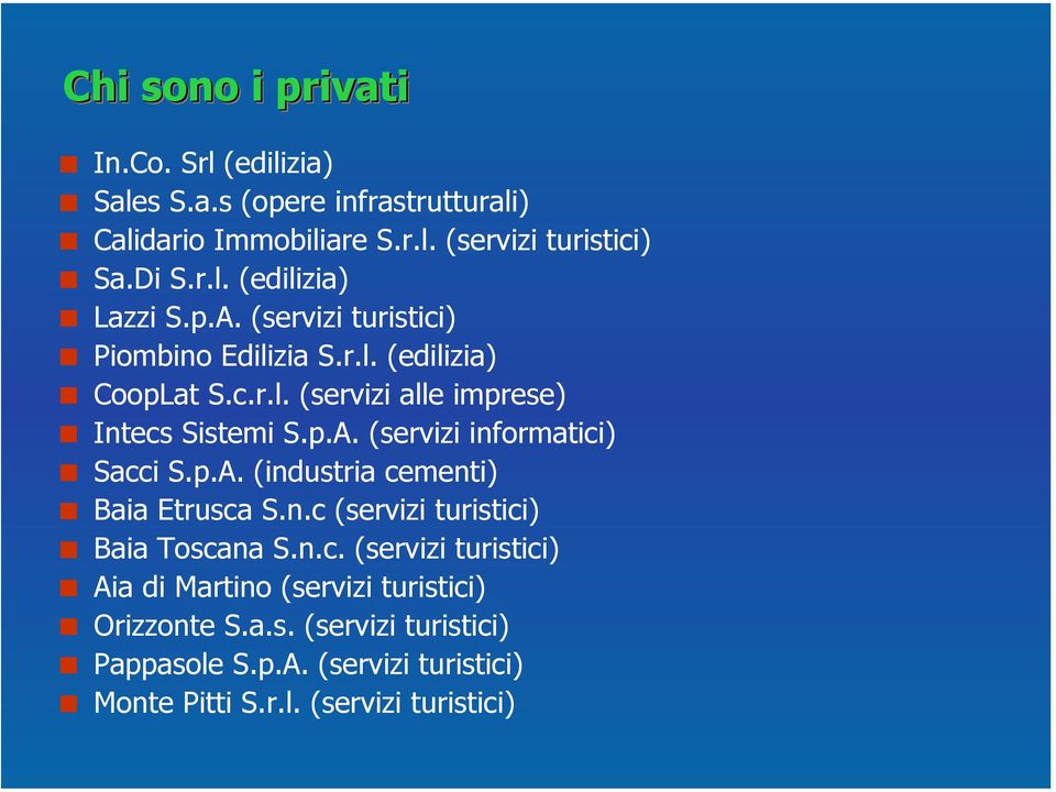 p.A. (industria cementi) Baia Etrusca S.n.c (servizi turistici) Baia Toscana S.n.c. (servizi turistici) Aia di Martino (servizi turistici) Orizzonte S.