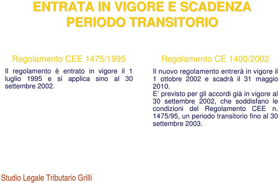 Il nuovo regolamento entrerà in vigore il 1 ottobre 2002 e scadrà il 31 maggio 2010.