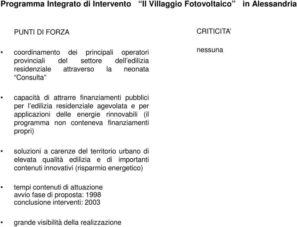 applicazioni delle energie rinnovabili (il programma non conteneva finanziamenti propri) soluzioni a carenze del territorio urbano di elevata qualità edilizia e di