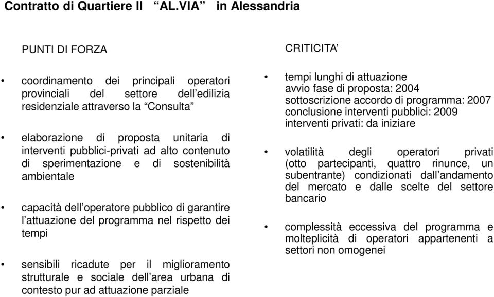 pubblici-privati ad alto contenuto di sperimentazione e di sostenibilità ambientale capacità dell operatore pubblico di garantire l attuazione del programma nel rispetto dei tempi sensibili ricadute