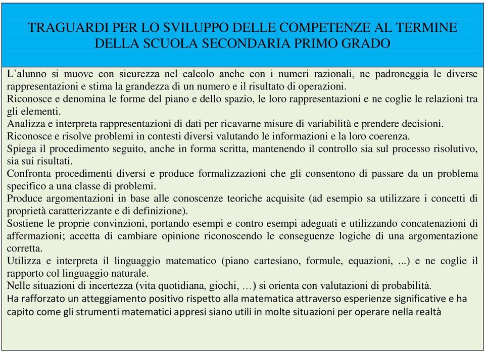 Riconosce e denomina le forme del piano e dello spazio, le loro rappresentazioni e ne coglie le relazioni tra gli elementi.