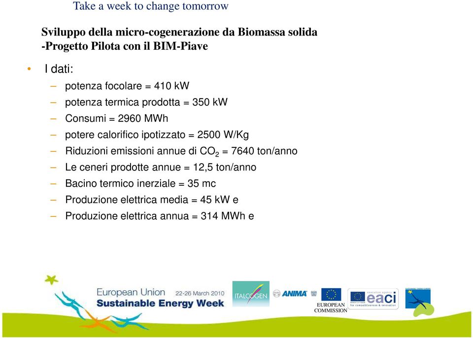 2500 W/Kg Riduzioni emissioni annue di CO 2 = 7640 ton/anno Le ceneri prodotte annue = 12,5 ton/anno