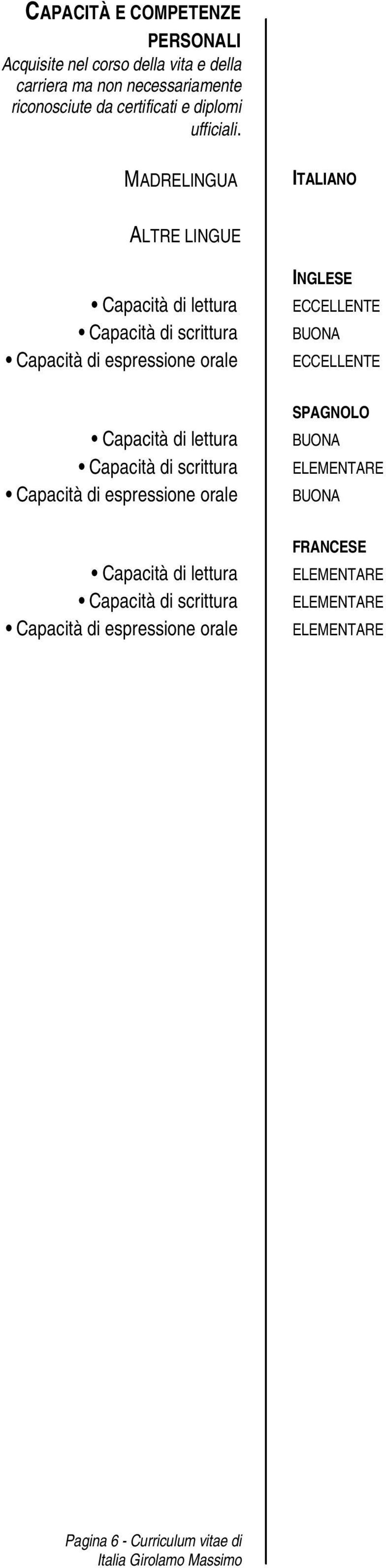 MADRELINGUA ITALIANO ALTRE LINGUE Capacità di lettura Capacità di scrittura Capacità di espressione orale INGLESE ECCELLENTE