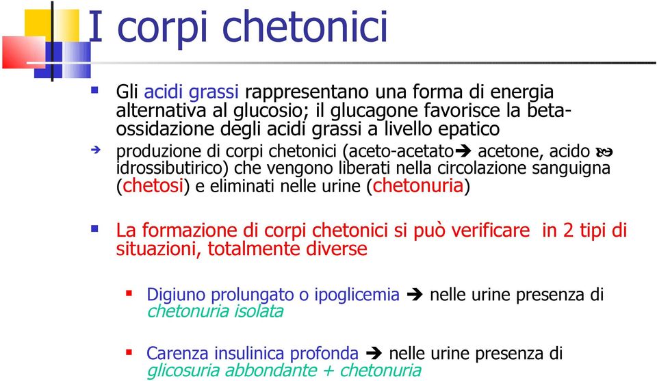 sanguigna (chetosi) e eliminati nelle urine (chetonuria) La formazione di corpi chetonici si può verificare in 2 tipi di situazioni, totalmente diverse