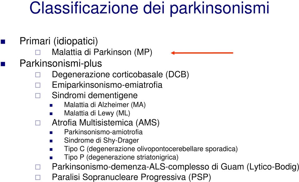 Multisistemica (AMS) Parkinsonismo-amiotrofia Sindrome di Shy-Drager Tipo C (degenerazione olivopontocerebellare sporadica)