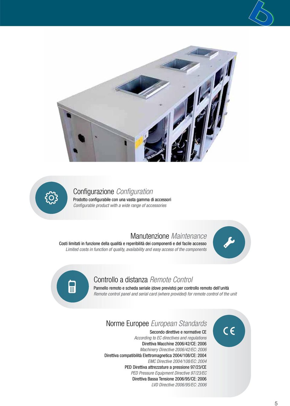 scheda seriale (dove previsto) per controllo remoto dell unità Remote control panel and serial card (where provided) for remote control of the unit Norme Europee European Standards Secondo direttive