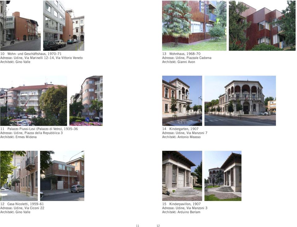 Repubblica 3 Architekt: Ermes Midena 14 Kindergarten, 1907 Adresse: Udine, Via Manzoni 7 Architekt: Antonio Measso 12 Casa