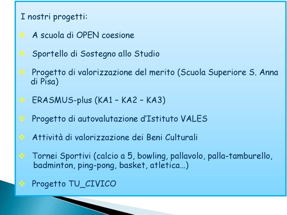 Anna di Pisa) ERASMUS-plus (KA1 KA2 KA3) Progetto di autovalutazione d Istituto VALES Attività di