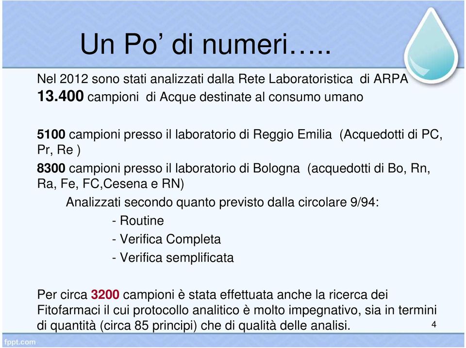 laboratorio di Bologna (acquedotti di Bo, Rn, Ra, Fe, FC,Cesena e RN) Analizzati secondo quanto previsto dalla circolare 9/94: - Routine - Verifica Completa