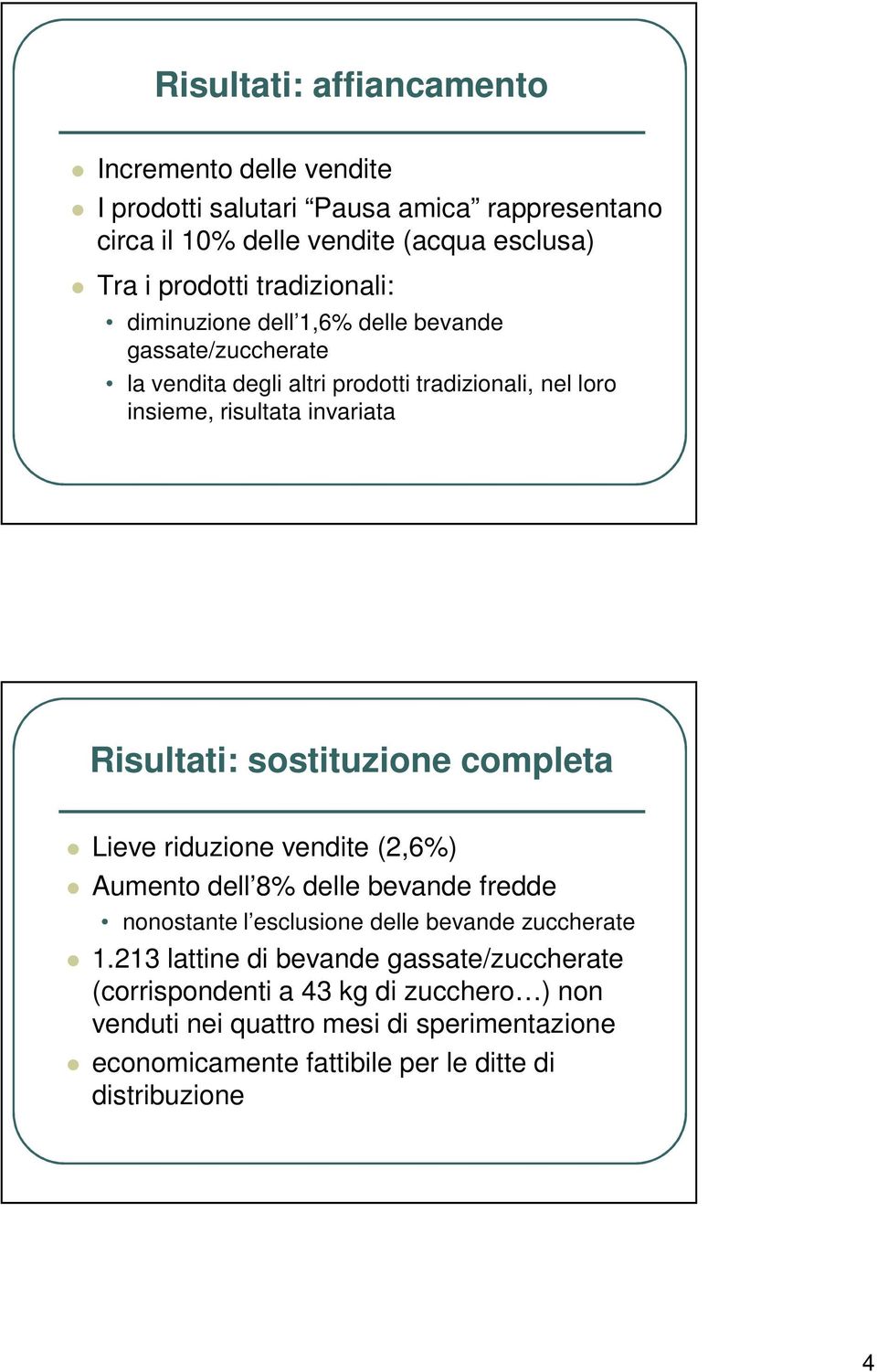 Risultati: sostituzione completa Lieve riduzione vendite (2,6%) Aumento dell 8% delle bevande fredde nonostante l esclusione delle bevande zuccherate 1.