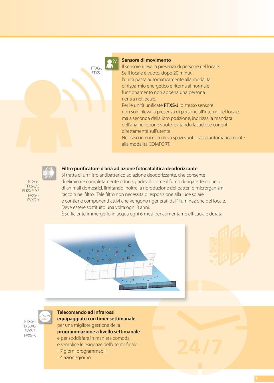 Per le unità unificate FTXS-J lo stesso sensore non solo rileva la presenza di persone all interno del locale, ma a seconda della loro posizione, indirizza la mandata dell aria nelle zone vuote,