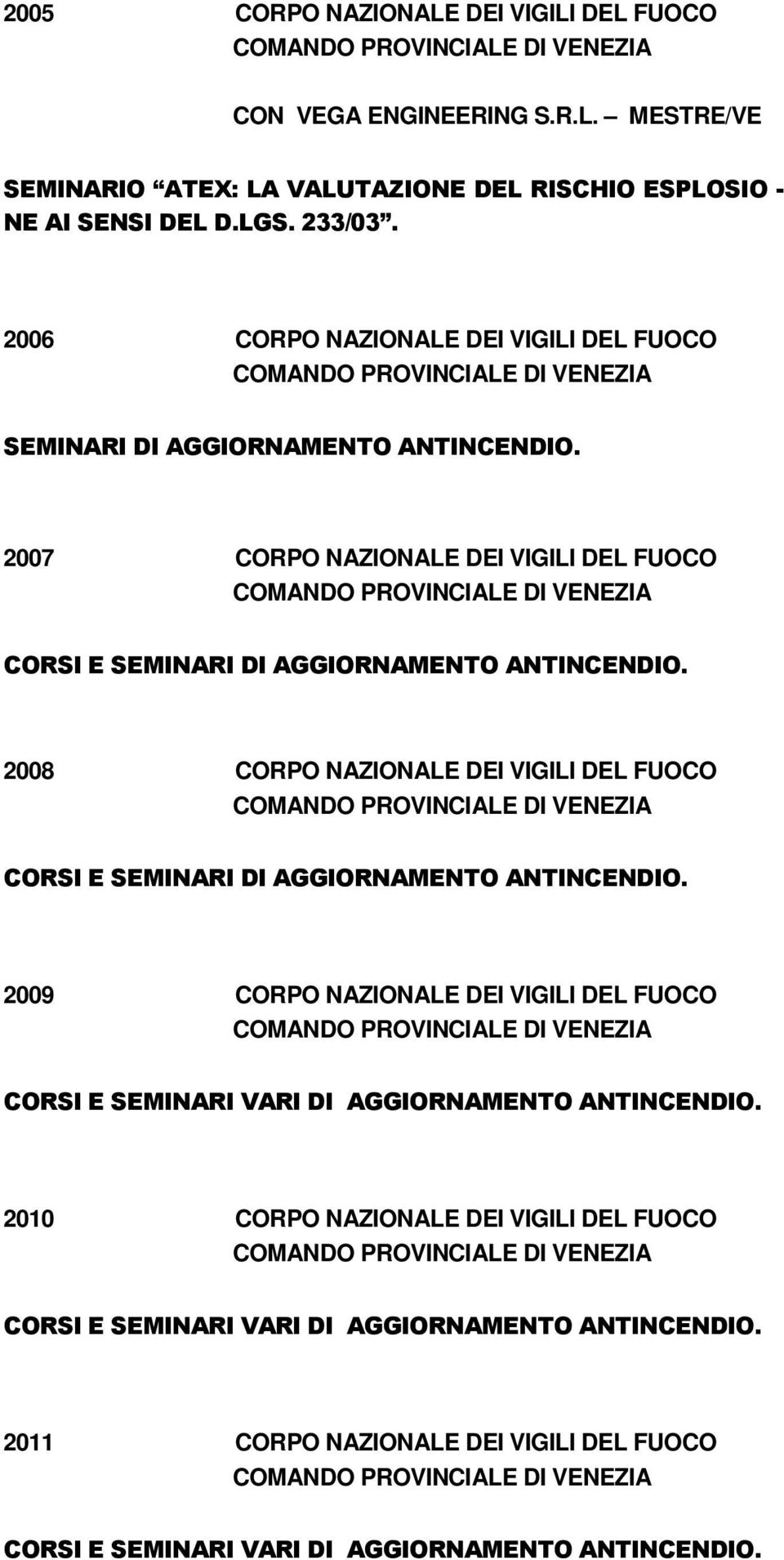 2008 CORPO NAZIONALE DEI VIGILI DEL FUOCO CORSI E SEMINARI DI AGGIORNAMENTO ANTINCENDIO.