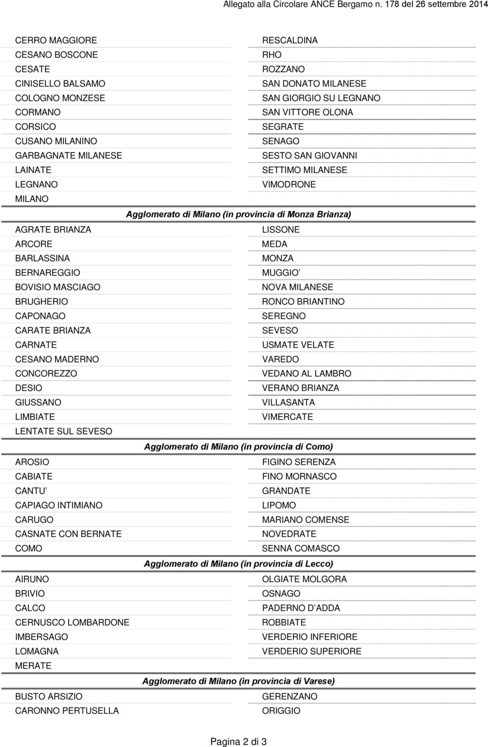 SEGRATE CUSANO MILANINO SENAGO GARBAGNATE MILANESE SESTO SAN GIOVANNI LAINATE SETTIMO MILANESE LEGNANO VIMODRONE MILANO Agglomerato di Milano (in provincia di Monza Brianza) AGRATE BRIANZA LISSONE