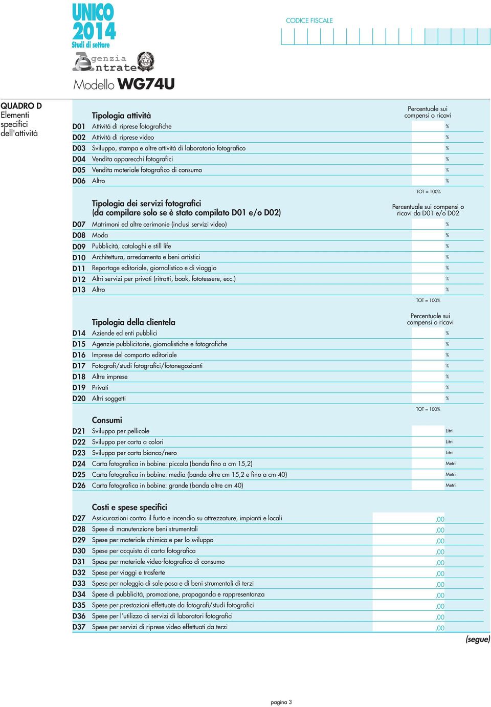 TOT = 00 Percentuale sui compensi o ricavi da D0 e/o D0 D07 Matrimoni ed altre cerimonie (inclusi servizi video) D08 Moda D09 Pubblicità, cataloghi e still life D0 Architettura, arredamento e beni
