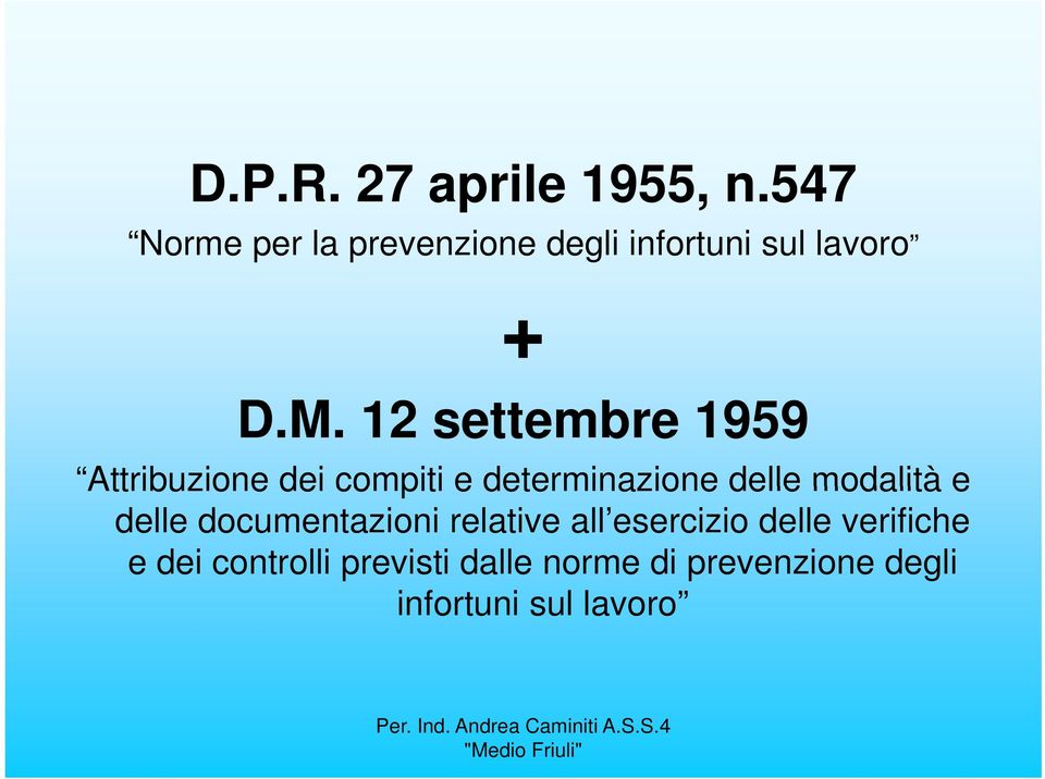 12 settembre 1959 Attribuzione dei compiti e determinazione delle modalità