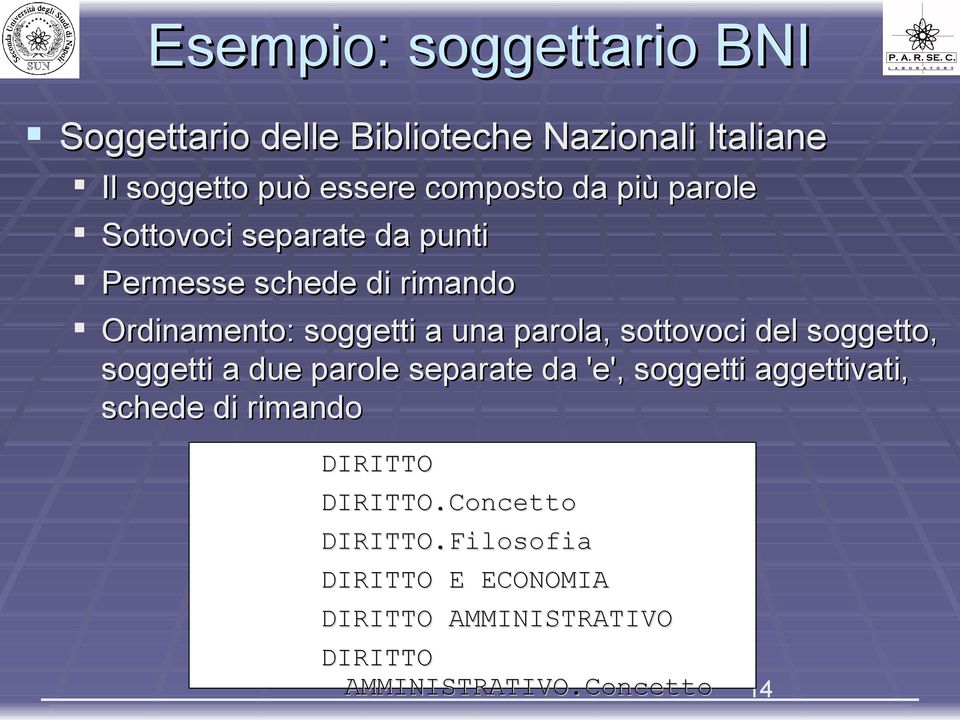 sottovoci del soggetto, soggetti a due parole separate da 'e', soggetti aggettivati, schede di rimando