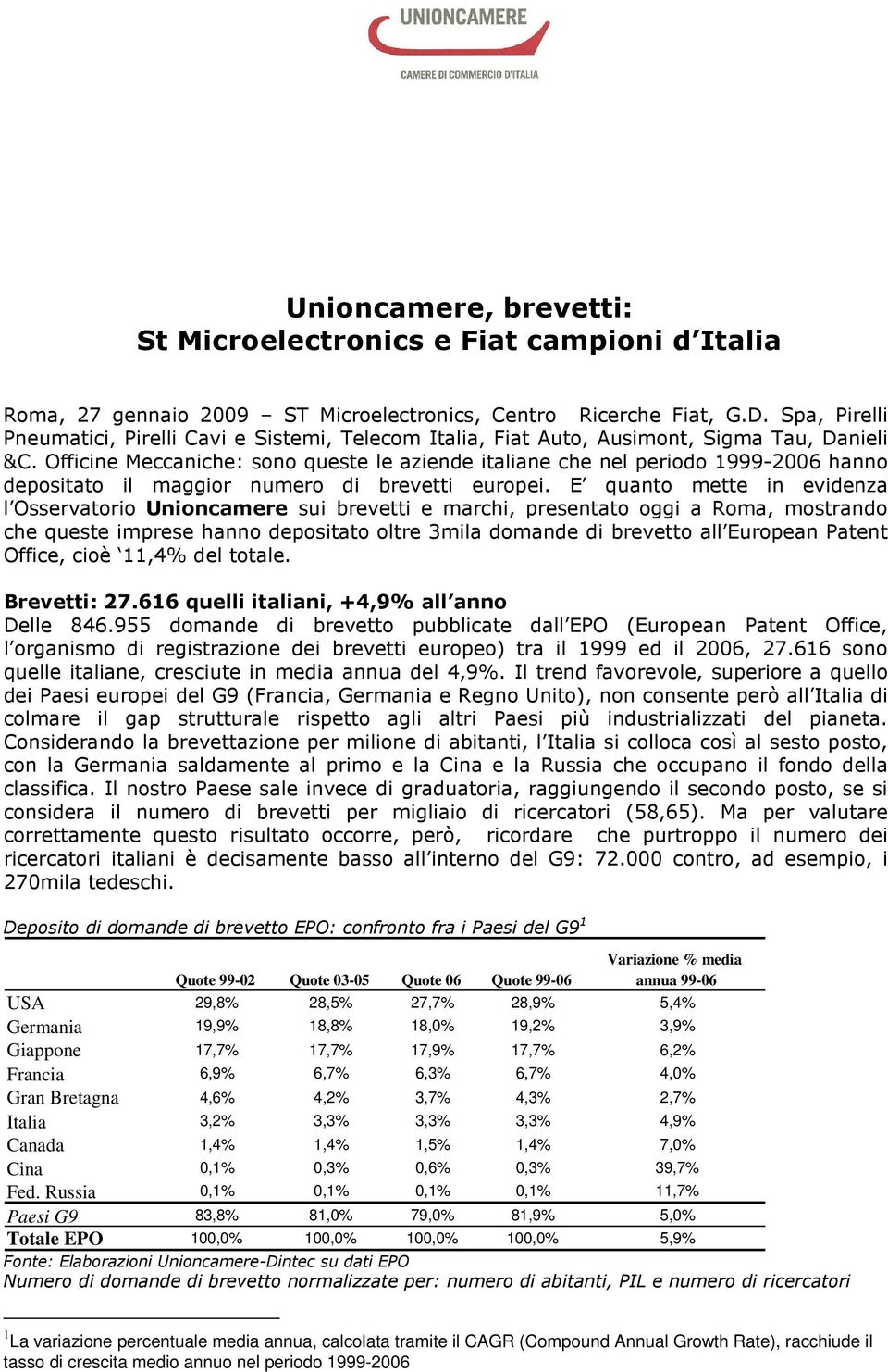 Officine Meccaniche: sono queste le aziende italiane che nel periodo 1999-2006 hanno depositato il maggior numero di brevetti europei.