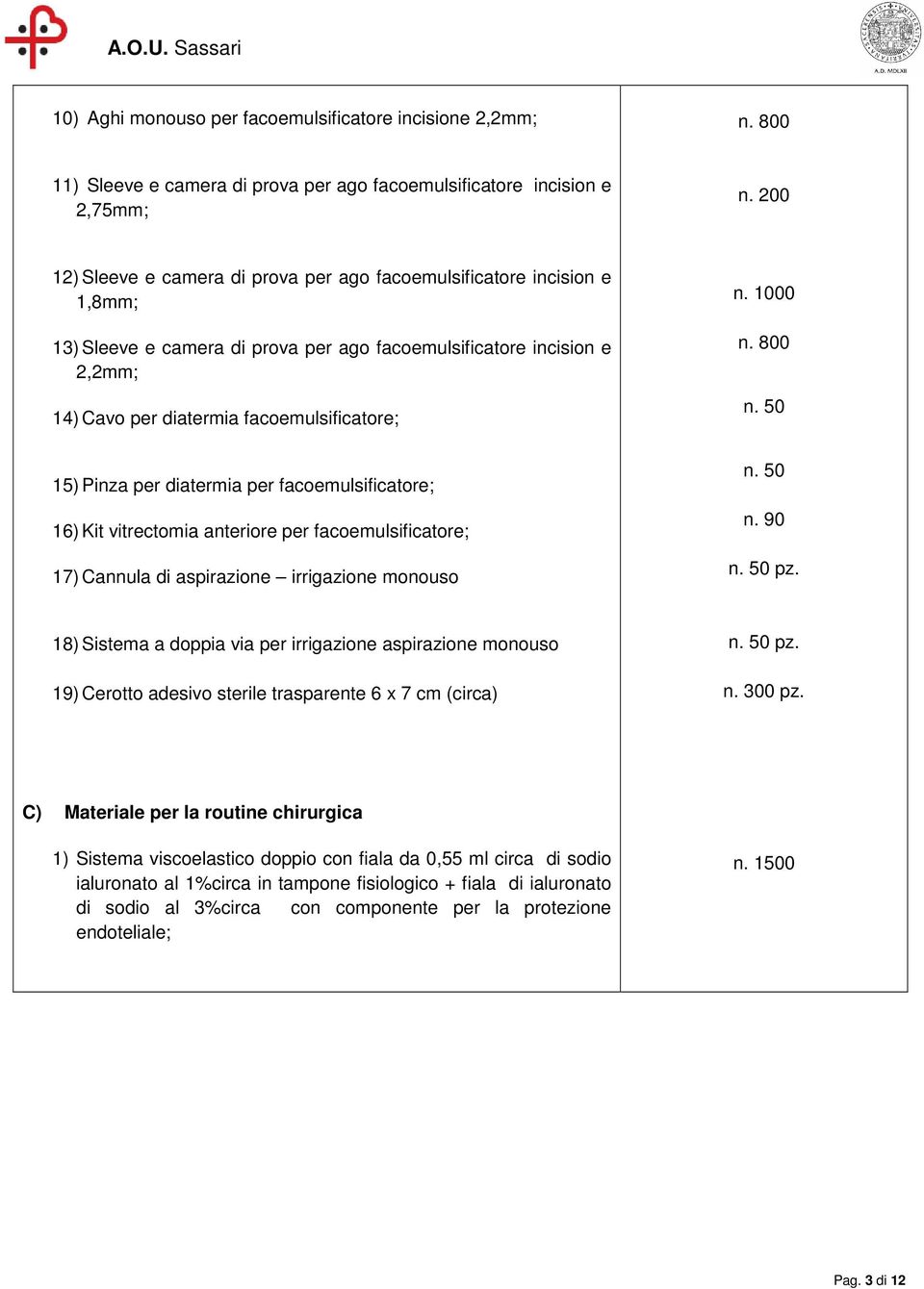 Pinza per diatermia per facoemulsificatore; 16) Kit vitrectomia anteriore per facoemulsificatore; 17) Cannula di aspirazione irrigazione monouso n. 1000 n. 800 n. 50 n. 50 n. 90 n. 50 pz.