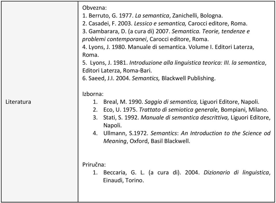 Introduzione alla linguistica teorica: III. la semantica, Editori Laterza, Roma-Bari. 6. Saeed, J.I. 2004. Semantics, Blackwell Publishing. Literatura Izborna: 1. Breal, M. 1990.