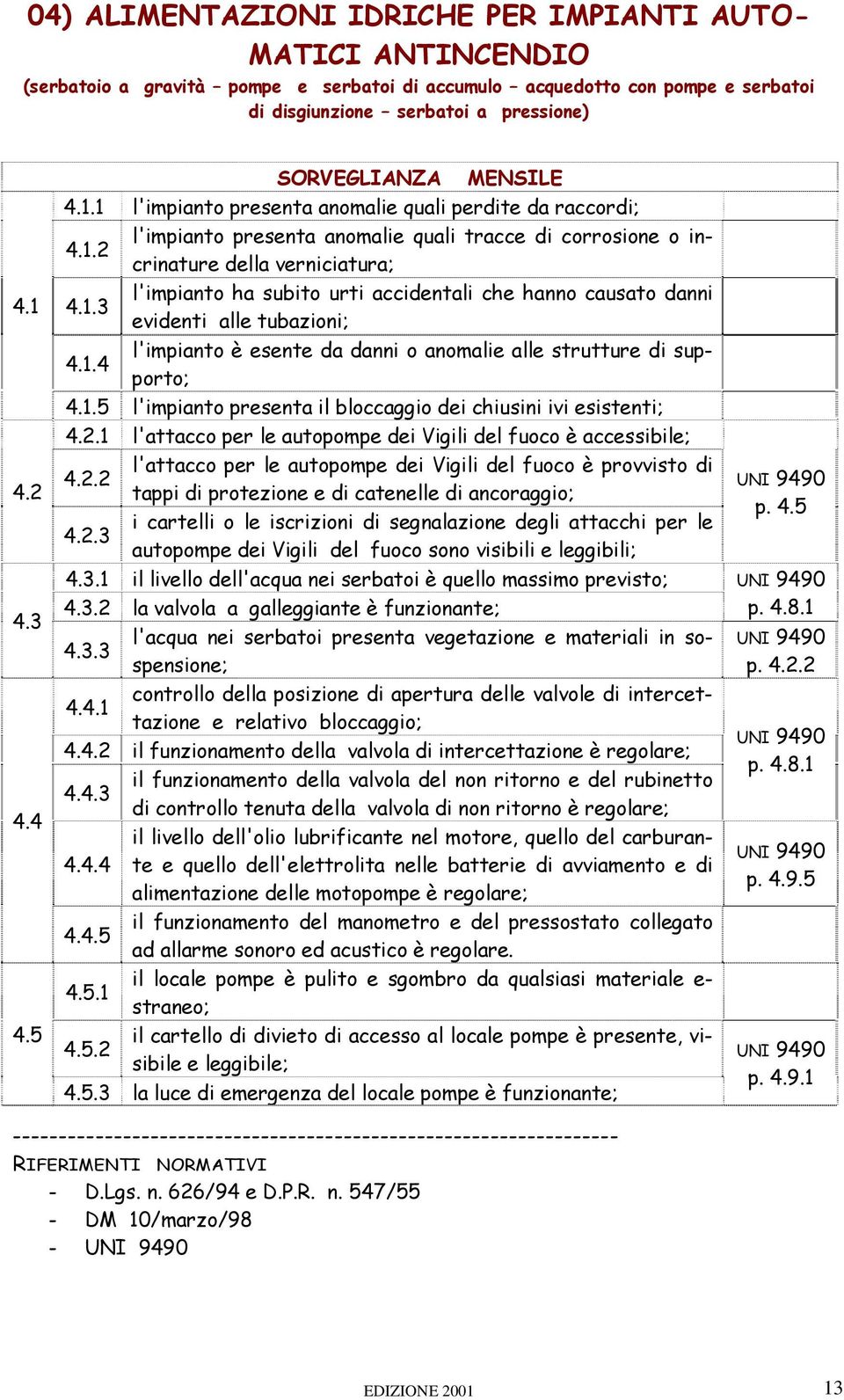 1.4 l'impianto è esente da danni o anomalie alle strutture di supporto; 4.1.5 l'impianto presenta il bloccaggio dei chiusini ivi esistenti; 4.2.