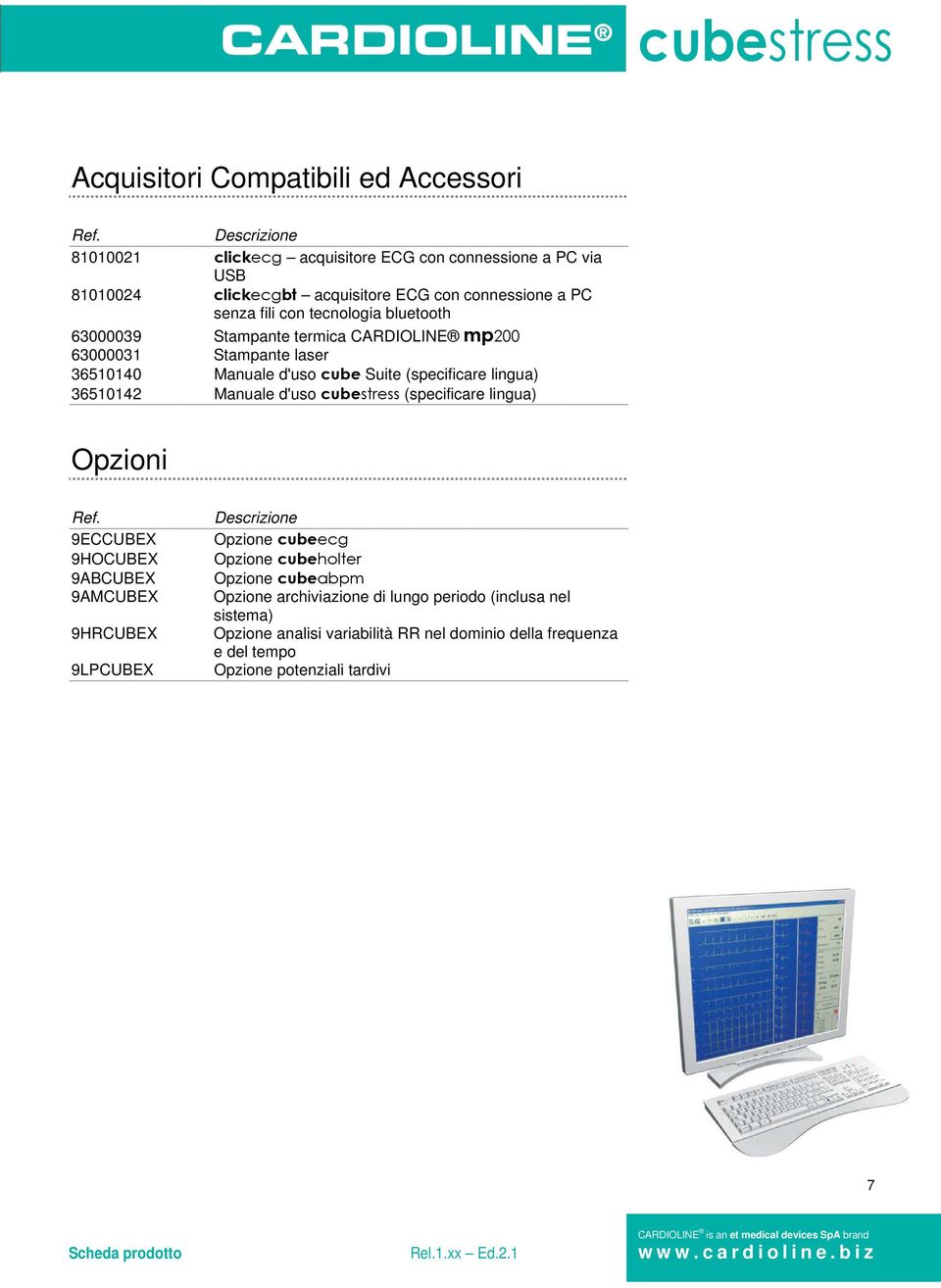 63000039 Stampante termica CARDIOLINE mp200 63000031 Stampante laser 36510140 Manuale d'uso cube Suite (specificare lingua) 36510142 Manuale d'uso cubestress