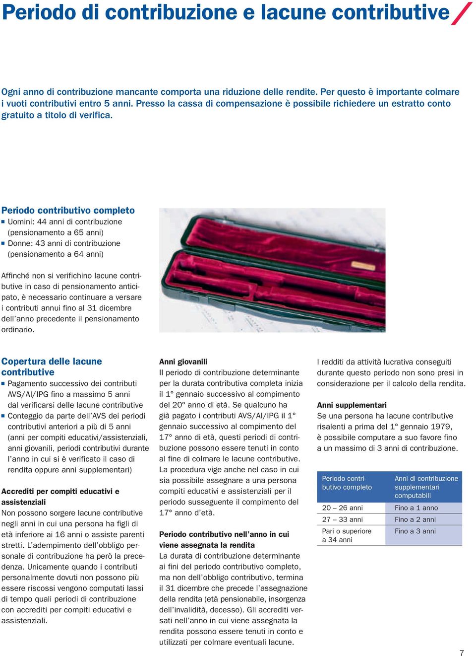 Periodo contributivo completo Uomini: 44 anni di contribuzione (pensionamento a 65 anni) Donne: 43 anni di contribuzione (pensionamento a 64 anni) Affinché non si verifichino lacune contributive in